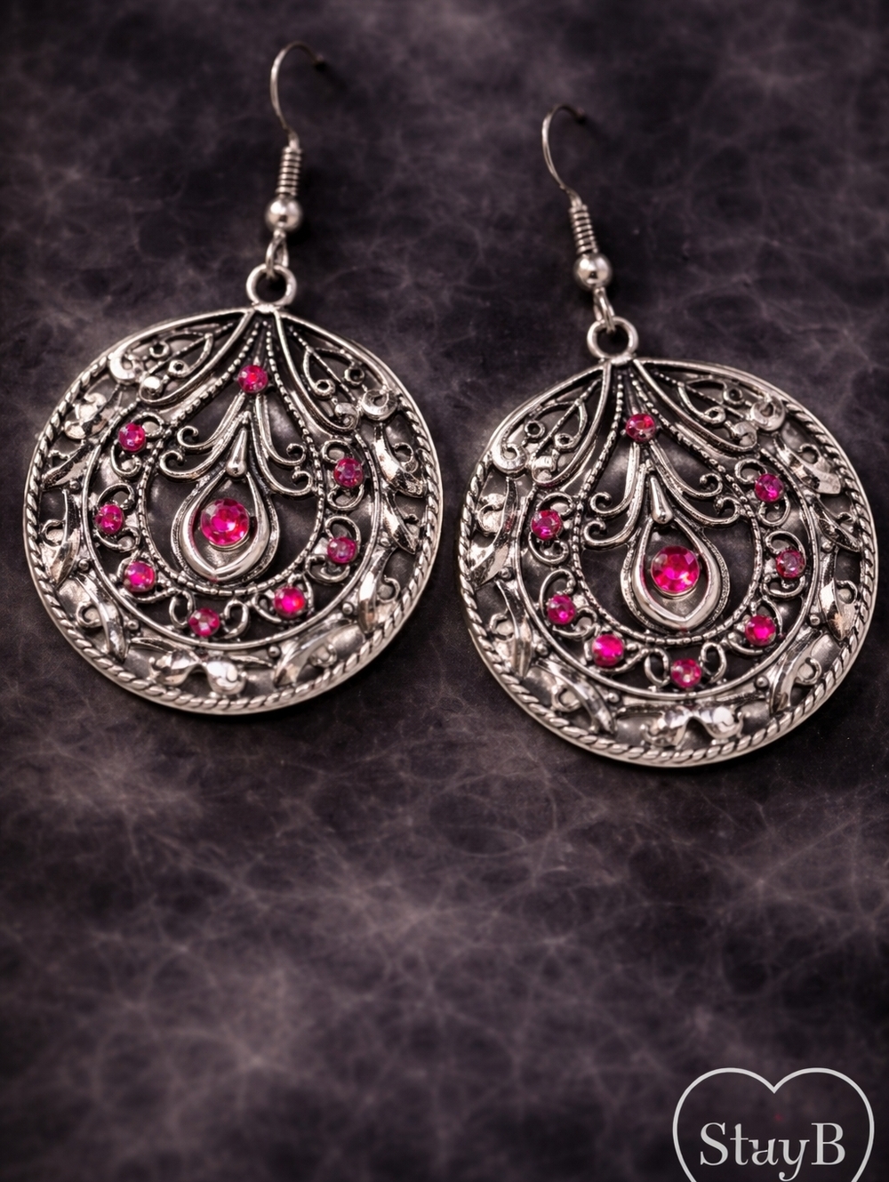 Silver-Tone Filigree Drop Earrings with Pink Stones